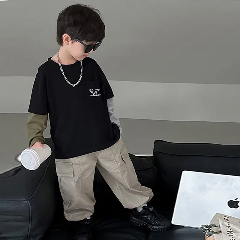 False Two-piece Casual Round Neck Boys' Top 3 Year Old Boy Clothes Children's T-shirt Kids Long Sleeve Tee Clothing 7 14 Years 8