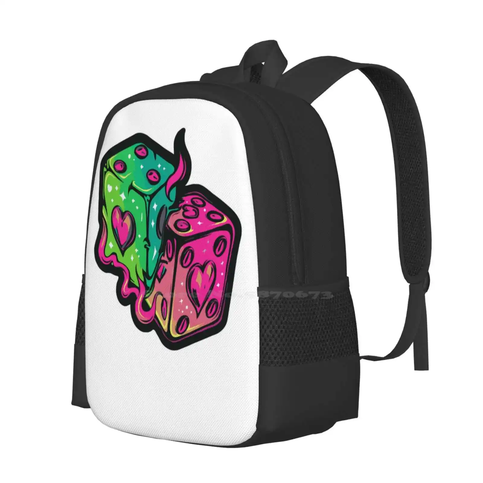 Neon Dice Hearts School Backpack, Fashion Bags, DicelGruNerd Cute Nette Digmanual Art Flames, Lovegame, Hot Sale