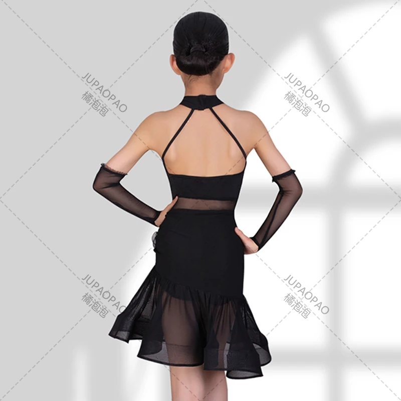 Kids Latin Dance Dress Girls Competition Clothing Halter Neck Mesh Dress Rumba Ballroom Dance Performance Dress Black