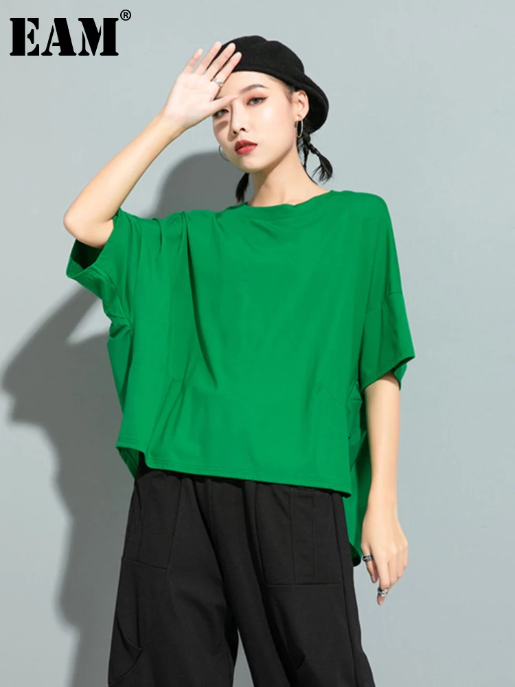 [EAM] Women Green Red Back Ruffles Split Big Size T-shirt New Round Neck Half Sleeve Fashion Tide Spring Summer 2024 1U507