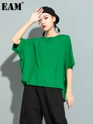 [EAM] Women Green Red Back Ruffles Split Big Size T-shirt New Round Neck Half Sleeve Fashion Tide Spring Summer 2024 1U507