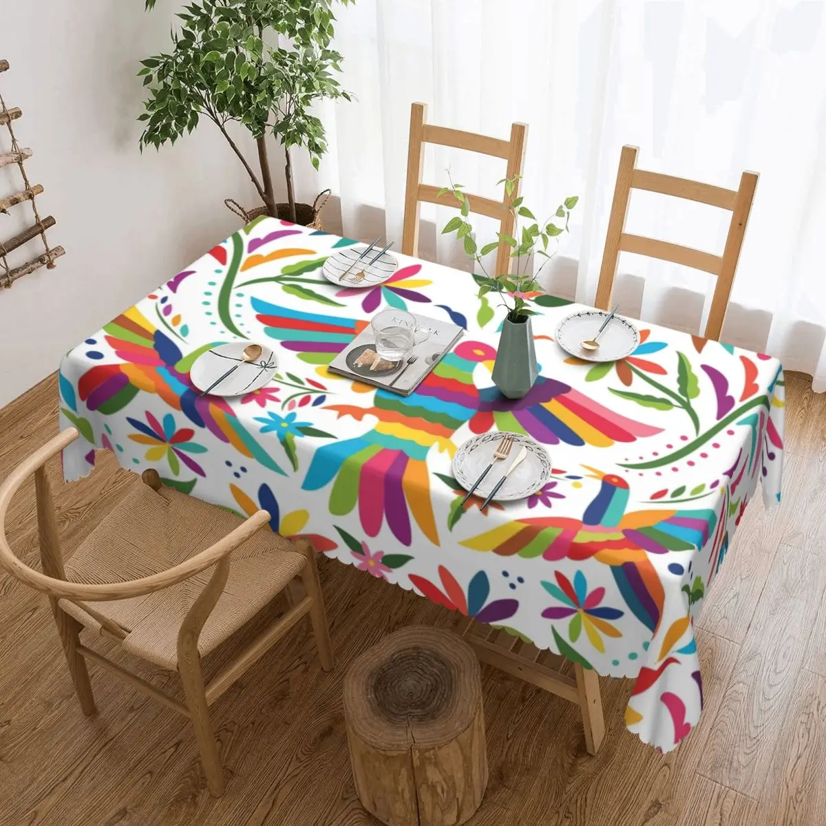 Custom Colorful Mexican Otomi Tablecloth Rectangular Waterproof Animal Folk Texture Table Cloth Cover for Banquet