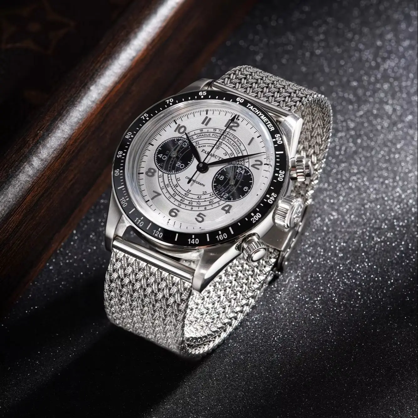 FARASUTE Men Chronograph Watch 38mm Panda Quartz Wristwatch Sapphire Mirror 3ATM Waterproof VK64 Speed Dial