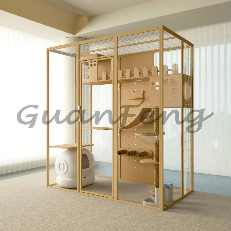 Modern transparent cat villa solid wood outdoor pet cage with animal patterns easy to clean dog cage
