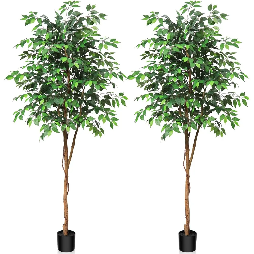 Fake Silk Plants with Lifelike Leaves and Natural Wood Trunk - Faux Potted Tree for Indoor Home Decor - 2 Pack