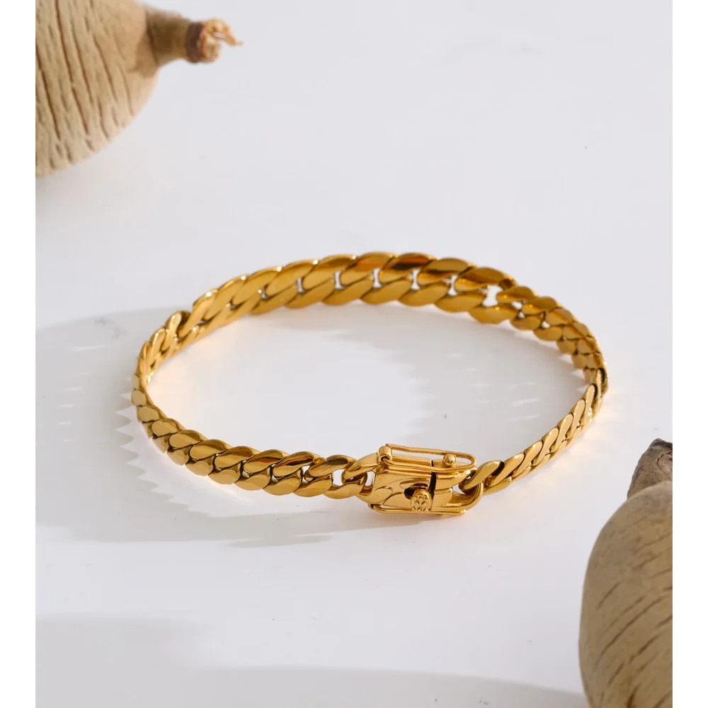 Yhpup Stainless Steel Cuban Chain Bracelet Bangle 18K Golden PVD Plated Waterproof Exclusive Style Personalized Jewelry Polished