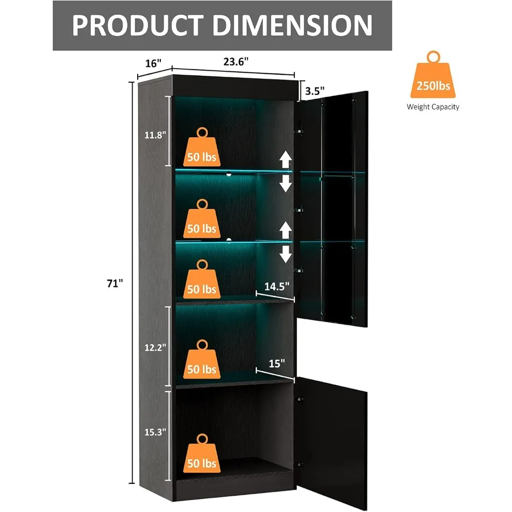 Modern High Gloss LED Bookshelf Display With 5 Tiers for Storage & Adjustable Glass Shelves for Living Room Bookcase Office Book