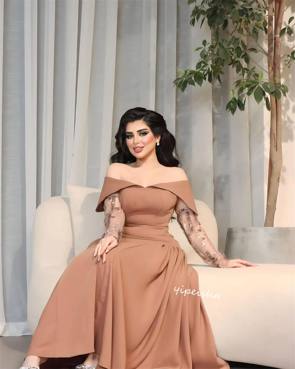 Customized  Evening Prom  Saudi Arabia Jersey Draped Quinceanera A-line Off-the-shoulder Bespoke Occasion Gown Midi es