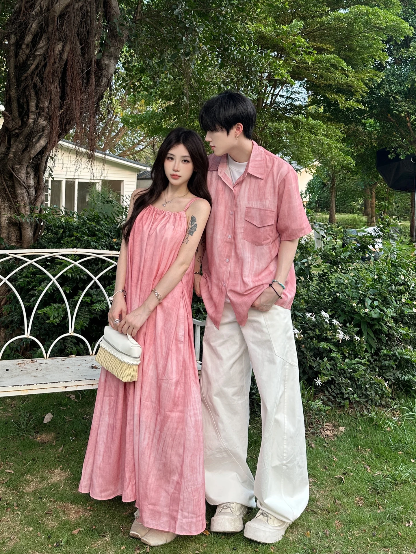 

Pink Lazy Gradient Strap Dress Couple's Outfit Summer Short Sleeve Shirt Beach Vacation Style One Skirt One Shirt for Couples