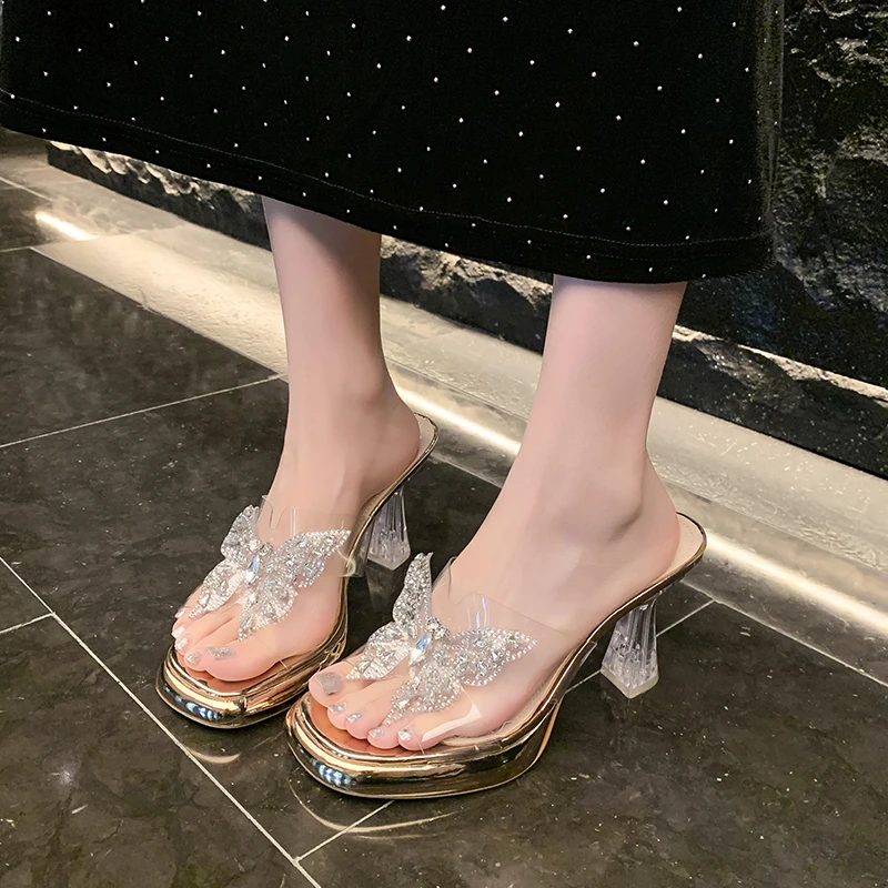 

Женские непромокаемые тапочки на высоком каблуке со стразами и прозрачными кристаллами на тонком каблуке 13 см для банкета