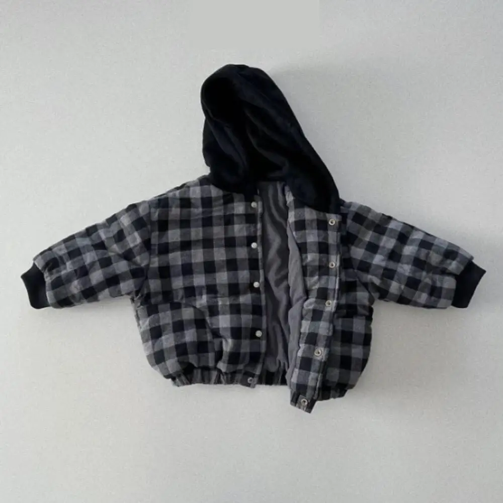 2025 Winter New Baby Warm Plaid Coat Kids Boys Girls Hooded Cotton Padded Jacket Kids Vintage Windproof Tops Children Clothes