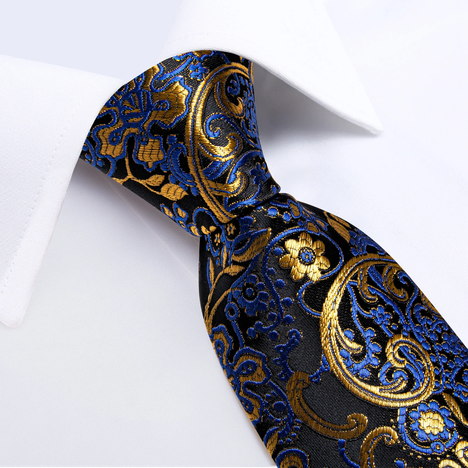 2023 New Floral Blue Silk Ties for Men Handkerchief Cufflinks Wedding Party Accessories Gift Wholesale Dropshipping