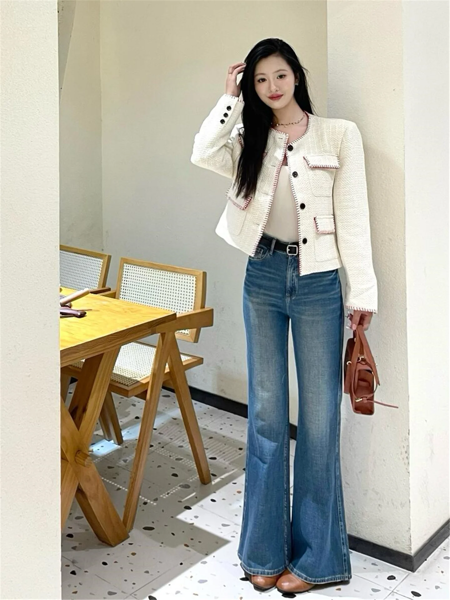 

Ретро джинсы-клеш с высокой талией, свободного кроя, повседневные, из хлопка, синие, для женщин