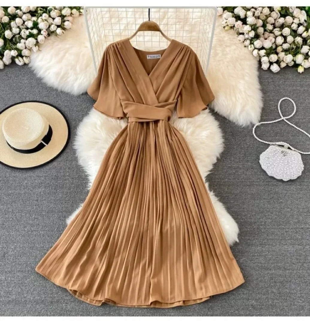 

Mid Length Dress Women Dresses A Line Vestidos High Waist V Neck Short Sleeve Elegant Y2k Streetwear Party Night Summer 2025