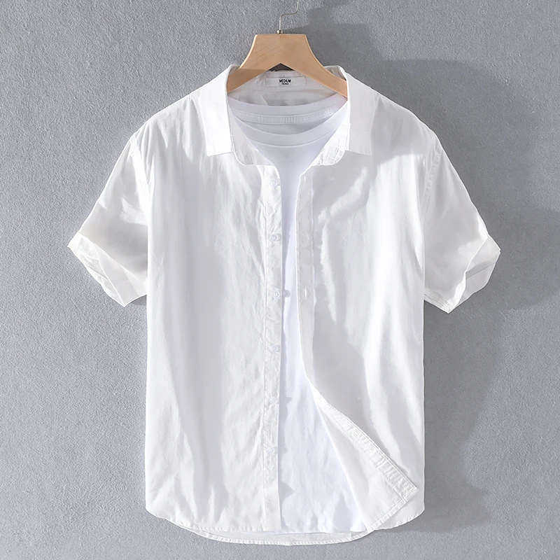 

Pure Cotton White Men's ort Sve irt Casual Square Collar Basic Layer Versatile Slim Fit Ox Cloth irt Trendy Summer