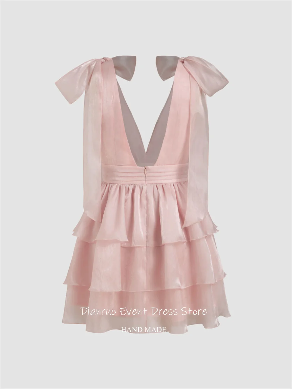 Dianruo Rosa A-Linie-Abschlussballkleid, tiefer V-Ausschnitt, Mini-Chiffon, Heimkehrkleider, hübsche Rüschen, abgestufte Schleife, Geburtstagskleider, individuell gestaltet