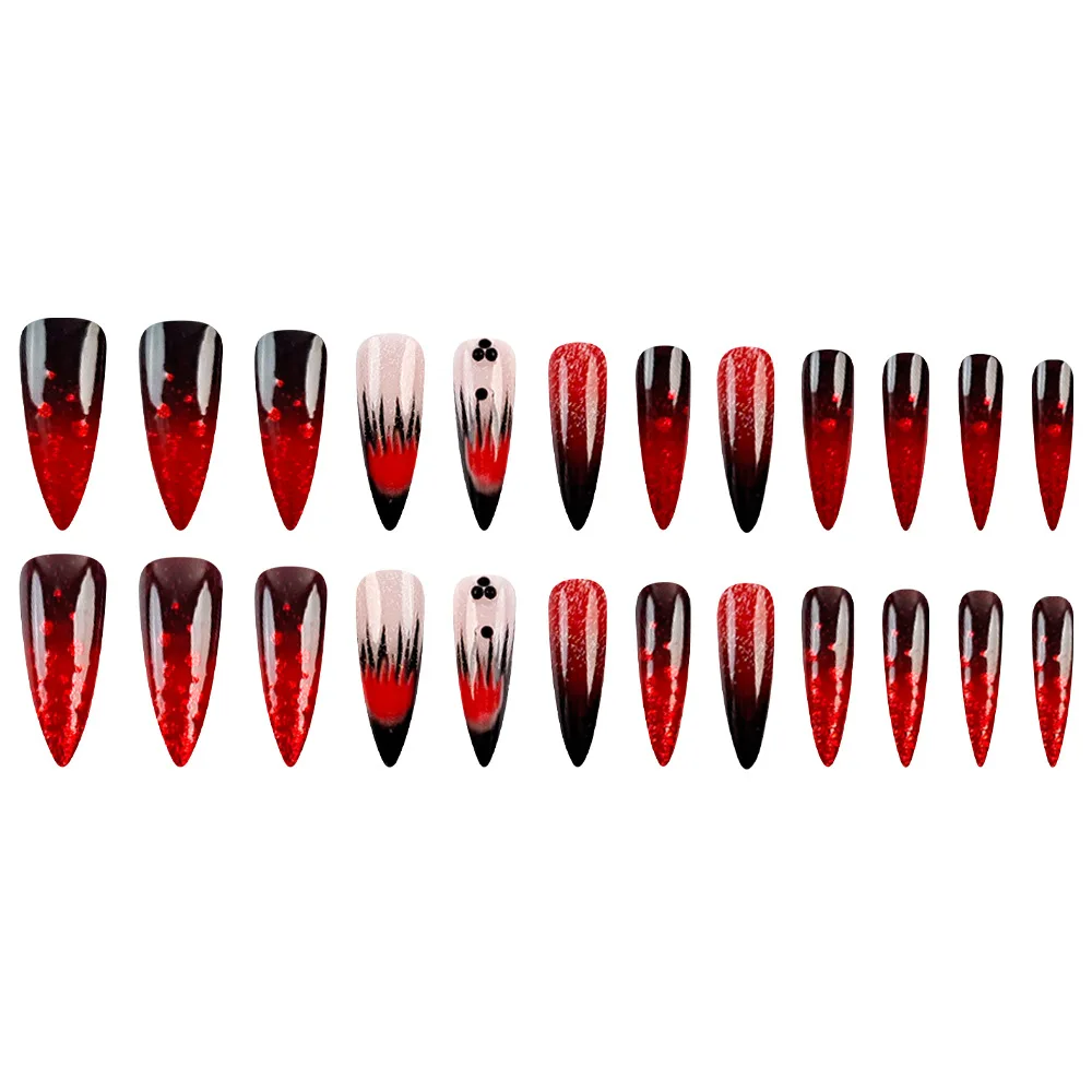24 قطعة من ضغط اللوز طويل جدًا على الأظافر - متدرج أحمر وأسود مع تصميم لهب أحمر لامع