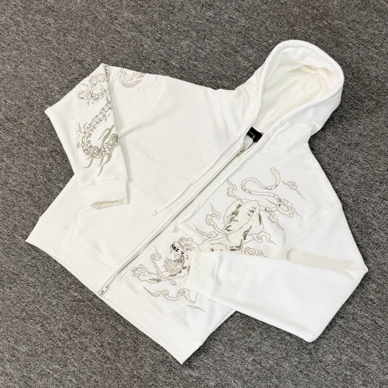New Derschutze Autumn New Hoodie Embroidered Pattern Couple Streetwear High-quality White Zipper Cardigan Hoodie