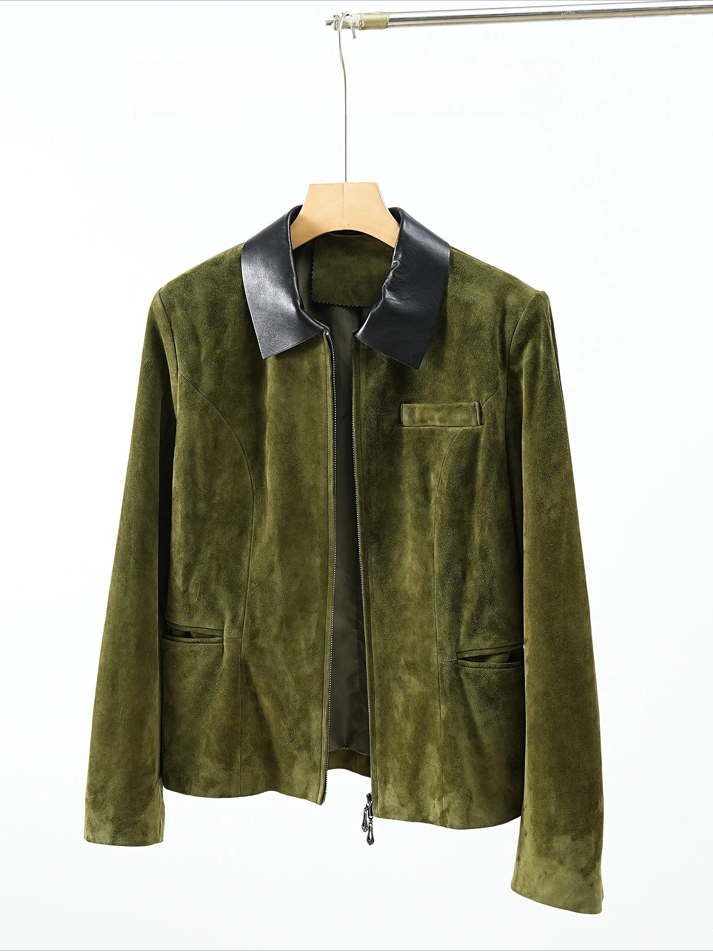 Retro Winter Merk Kid Suede 100% Leren Jas voor Vrouwen Kraag Zak 100% Schapenvacht Slim Fit Jas Revers