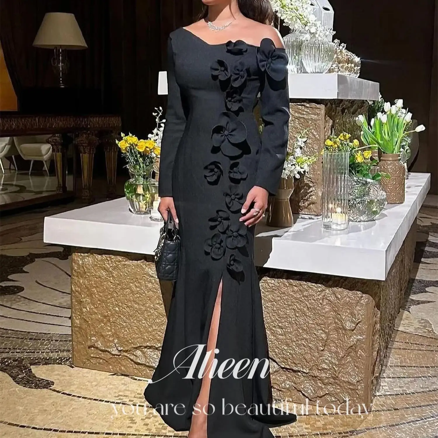 Aileen Black Customized 3D Flowers Elegant Women's Luxury Wedding Party Dress Graduation Dresses for Special Occasions Evening