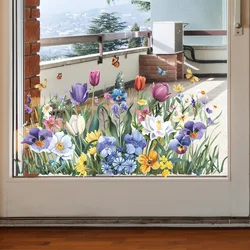 Fashion new flower clusters painted tulips butterfly leaves Glass doors and Windows home decoration window stickers