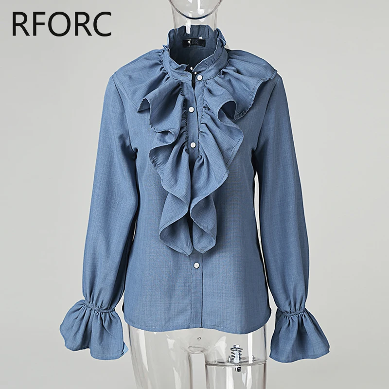 2024 Women Solid Long Flare Sleeves Ruffle Decoration Working Denim Blouse Top