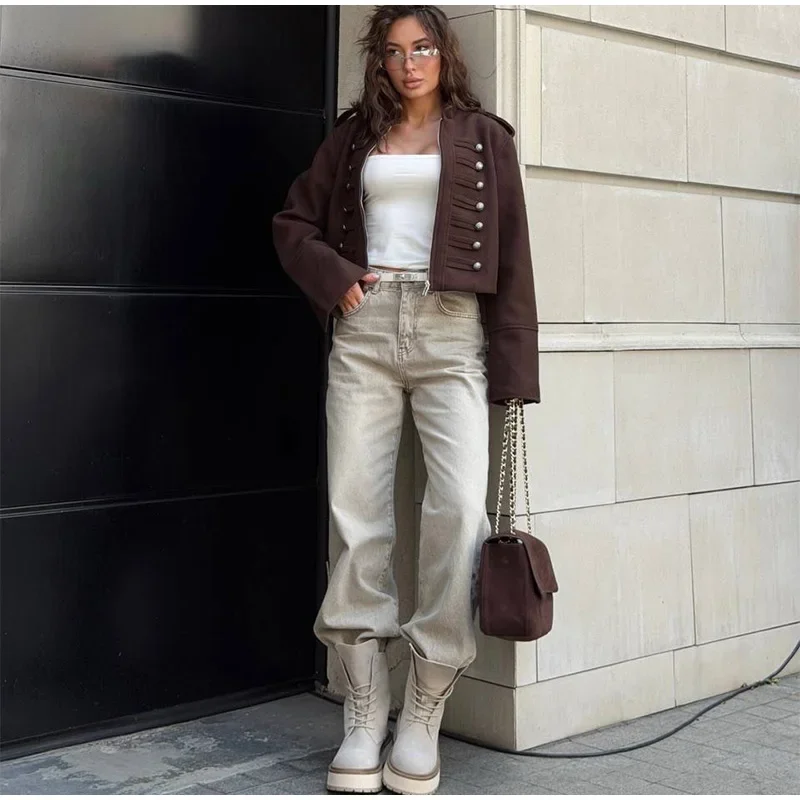Napoleon Militär-Kurzjacke für Damen, Mehrfarbige Metall-Longsleeve-Jacken, Vintage-Oberbekleidung, Lässiger Schlanker Kurzmantel – Detail 22