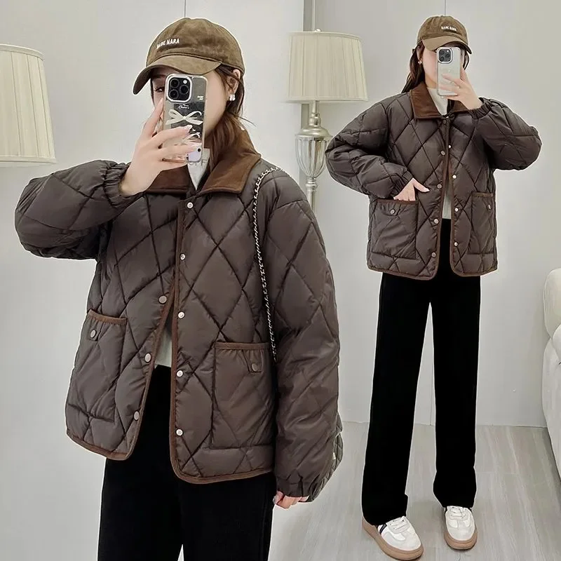 Diamond Grid Cotton Jacket 2024 New PU Leather Stylish Loose And Color Blocking Versatile Short Autumn And Winter Quilted jacket