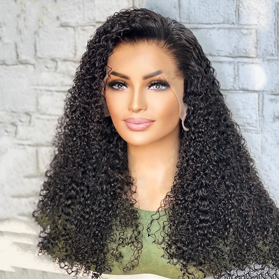 Soft Natural Black Glueless 180Density 26inch Long Kinky Curly Deep Lace Front Wig For Women With Baby Hair Preplucked Daily