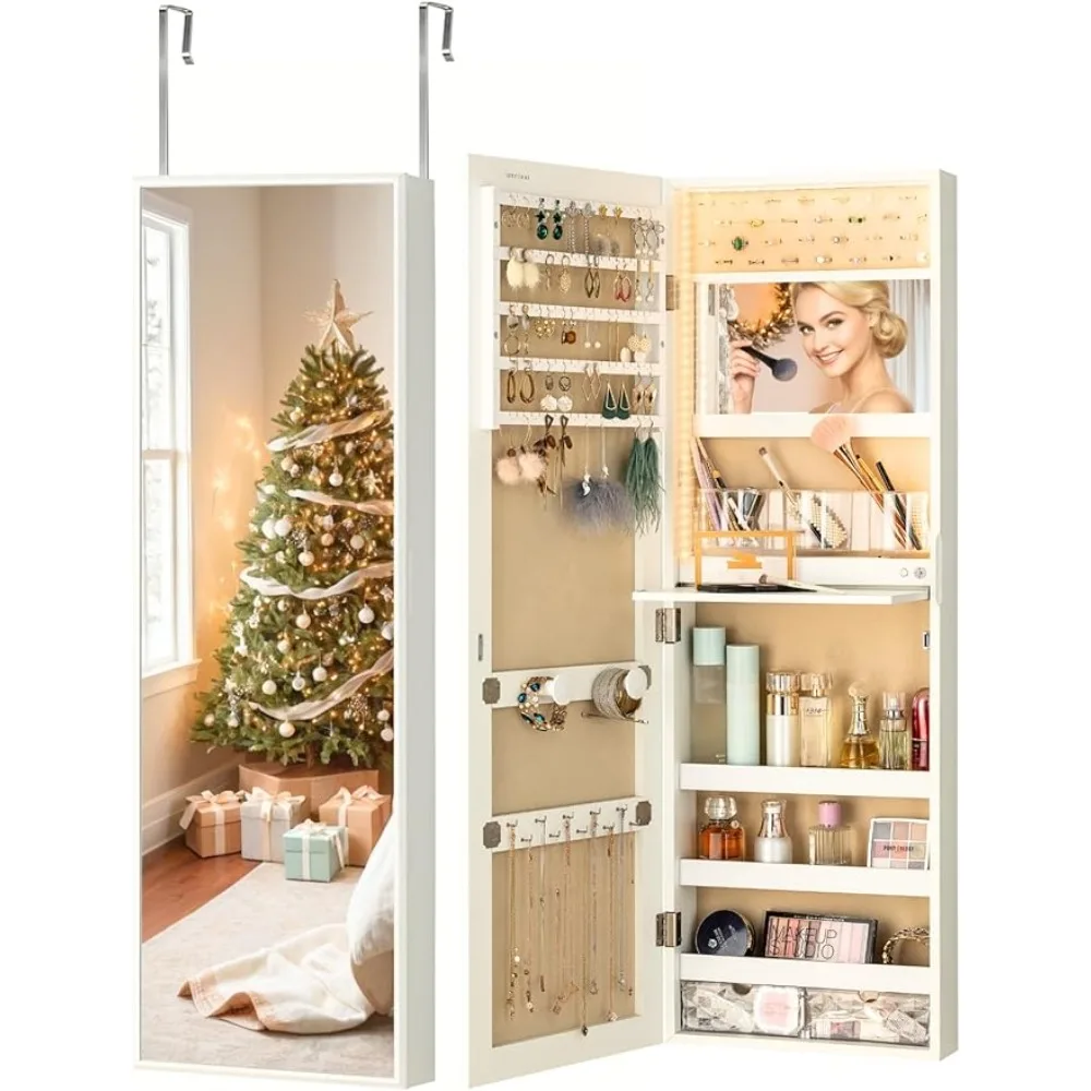 Mirror Jewelry Armoire Cabinet with lights, LED Jewelry Cabinet Organizer with mirror Door Hanging or Wall Mounted, Lockable