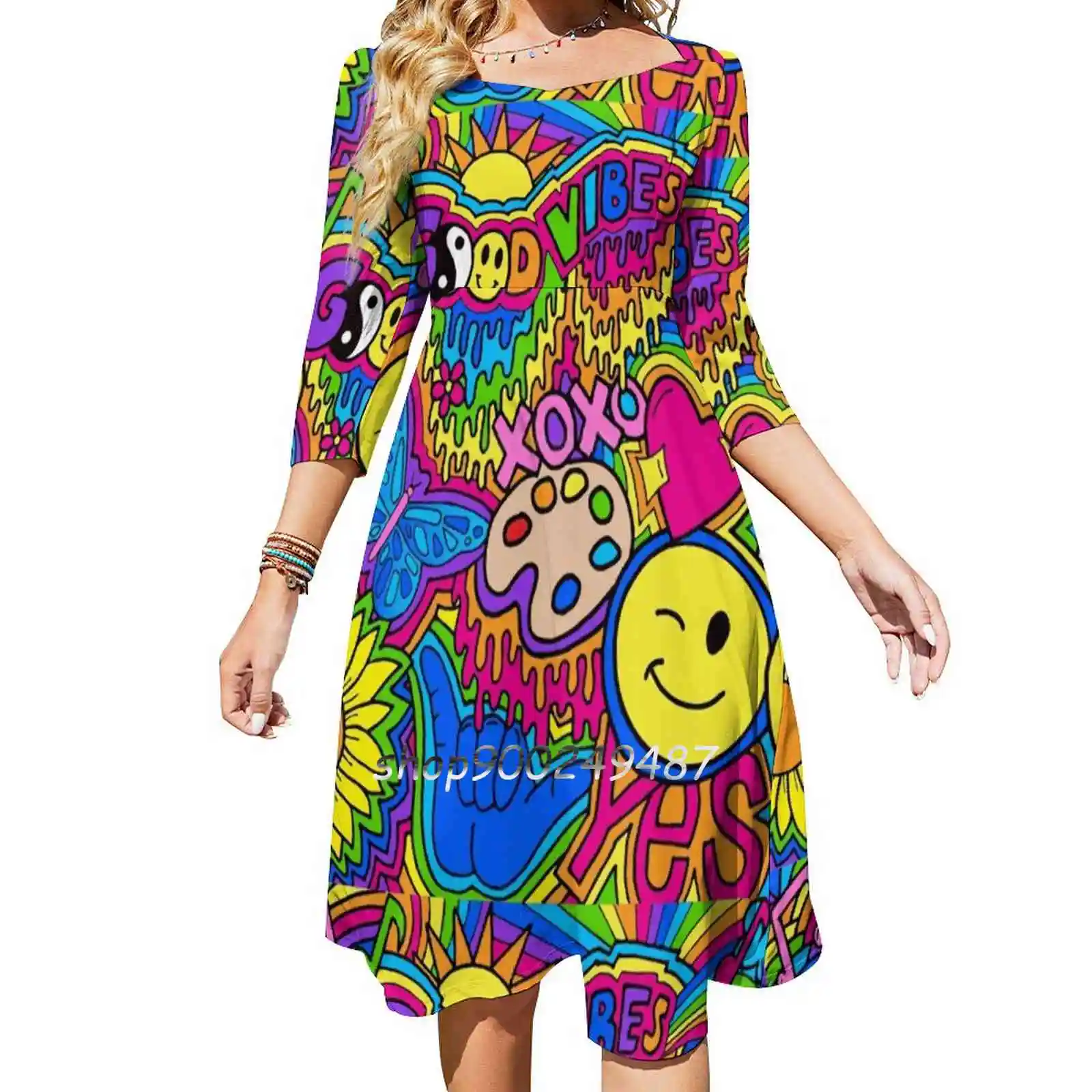 Hippie Vibes Evening Party Dresses Midi Sexy Dress Female Sweet One Piece Dress Korean Hippie Collage Good Vibes Good Vibes