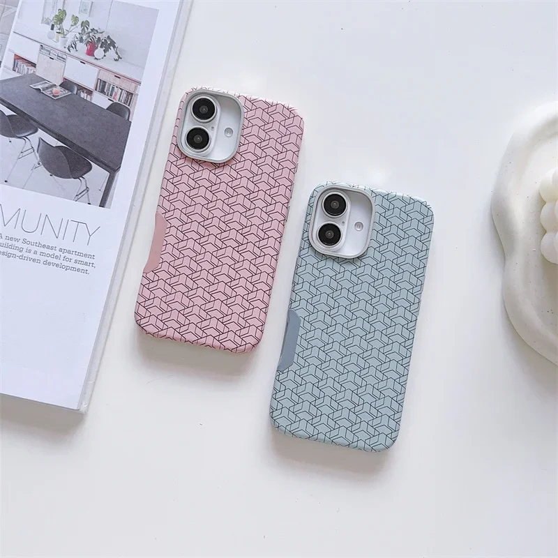 MagSafe Phone Case For iPhone 13 14 15 16 Pro Max 16Plus Geometric Elements Wireless Charging Metal Lens PU Leather PC Hard Case