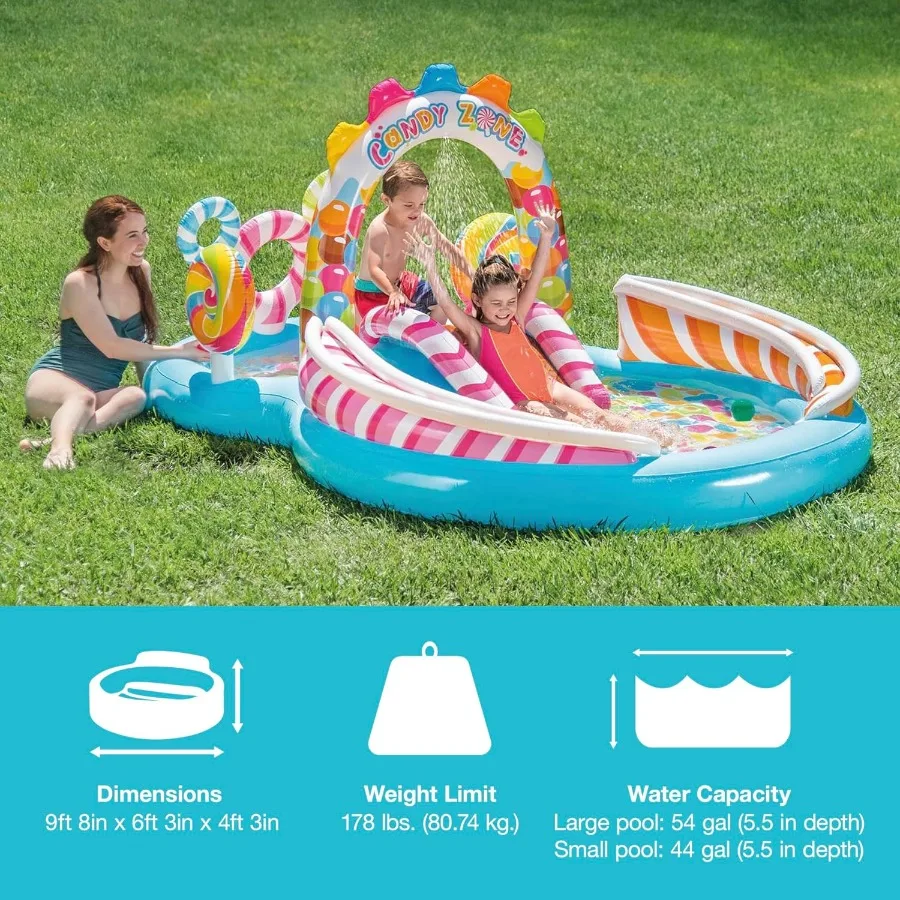 Piscina gonfiabile per bambini Candy Zone con spruzzatore d'acqua e scivolo per divertimento estivo all'aperto Il design del grande tappetino antispruzzo misura 116 x 75
