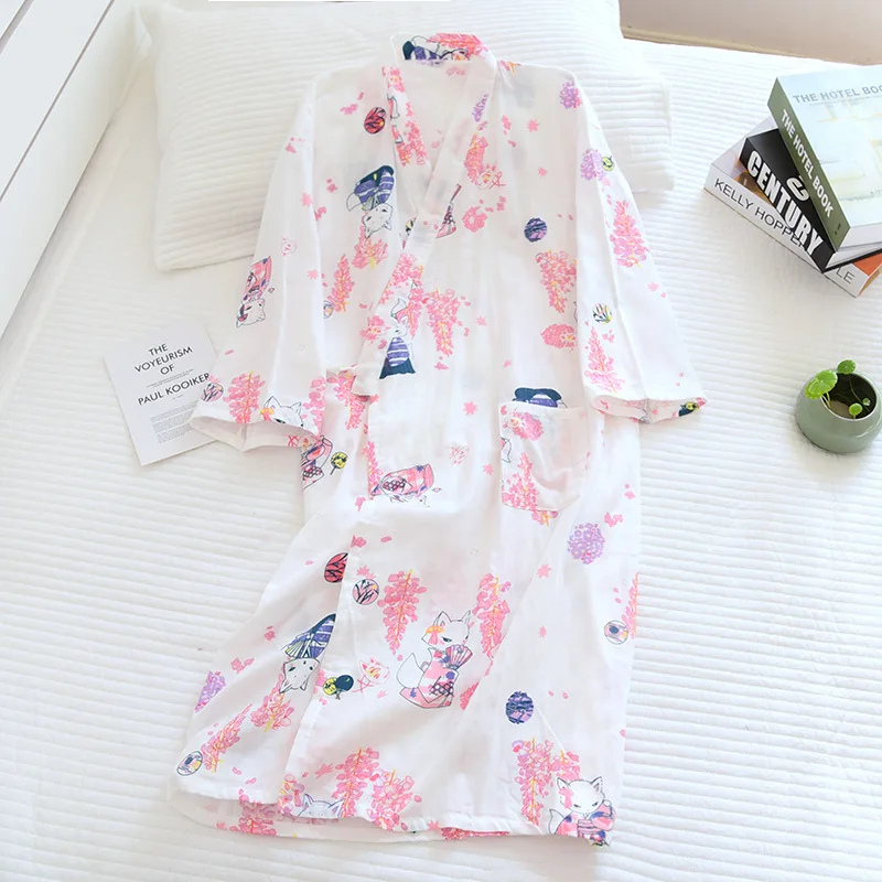 Rabbit Kimono Summe Sleeping Skirt Pajamas Robe 100% Cotton Gauze V-neck Simple Loose Sleepwears Nightly Pijama Home Clothing