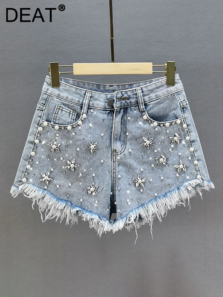 DEAT Women's Denim Shorts High Waist Solid Color Patchwork Burrs Embroidered Flares Short Pants 2024 Autumn New Fashion 29L2116