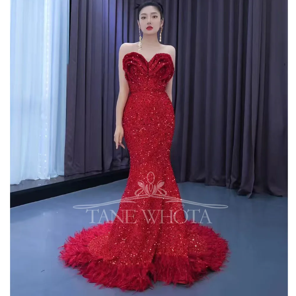 

Красное роскошное вечернее платье в форме сердца без рукавов на шнуровке сзади с блестками и перьями, настраиваемый стиль-футляр для вечеринки
