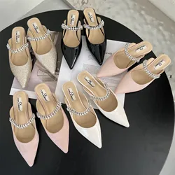 Fashion Women Slippers Pointed Toe 2022 Summer Spring Shallow Slip On Flat Heeled Black White Pink Gold Rhinestone Chain Sandals