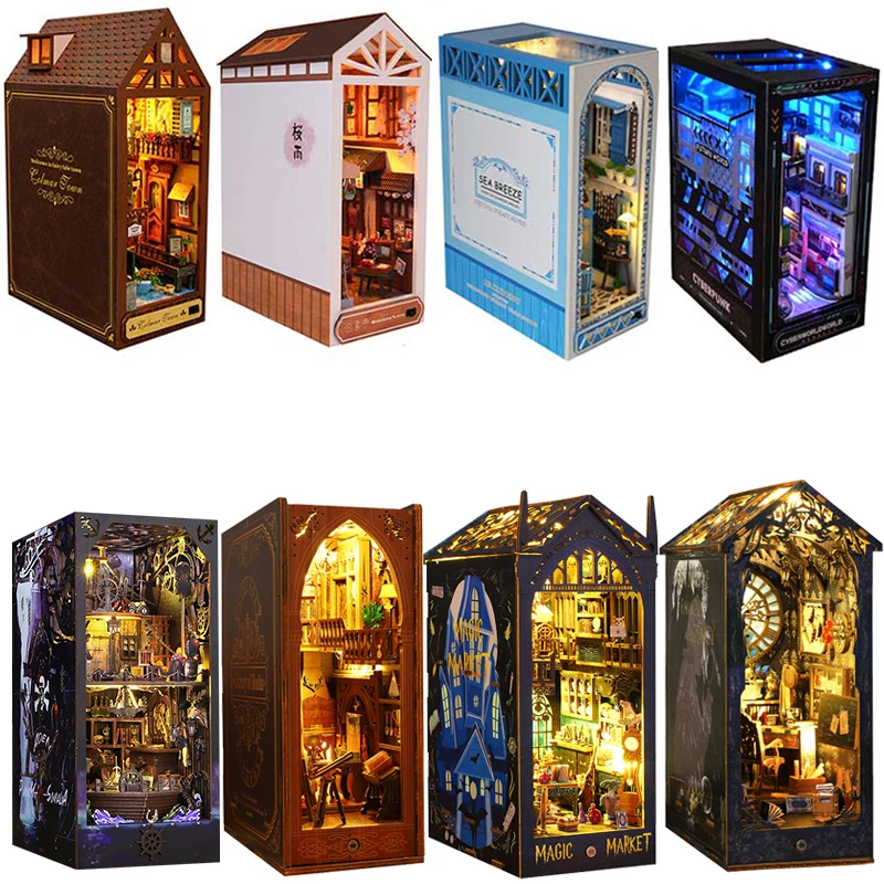 

Набор книжных полок, деревянный миниатюрный кукольный домик, микро сборка, модель здания, 3D головоломка, книжная полка, подставка для книг, игрушки, подарки на день рождения для детей
