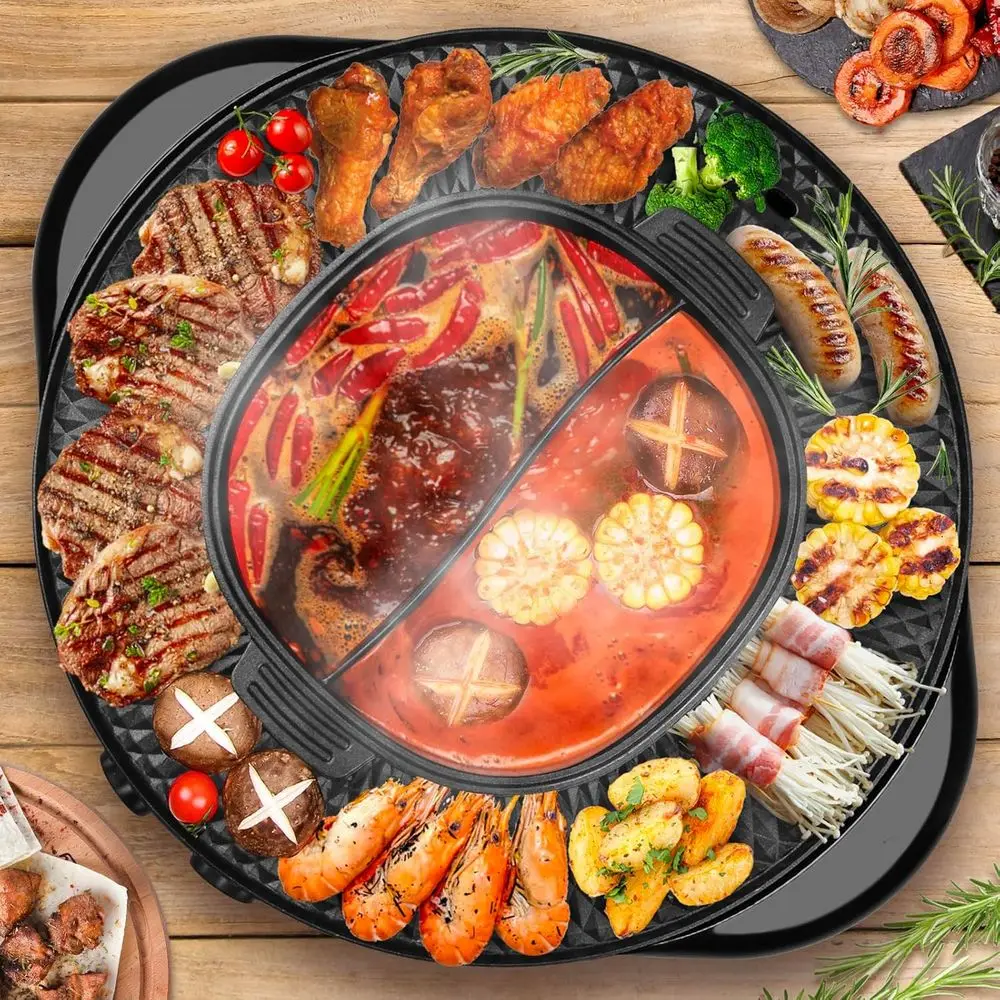 

Dual-Zone Electric BBQ Grill with Hot Pot and Grill, Non-stick Surface, Independent Temperature Controls for Family and Friends