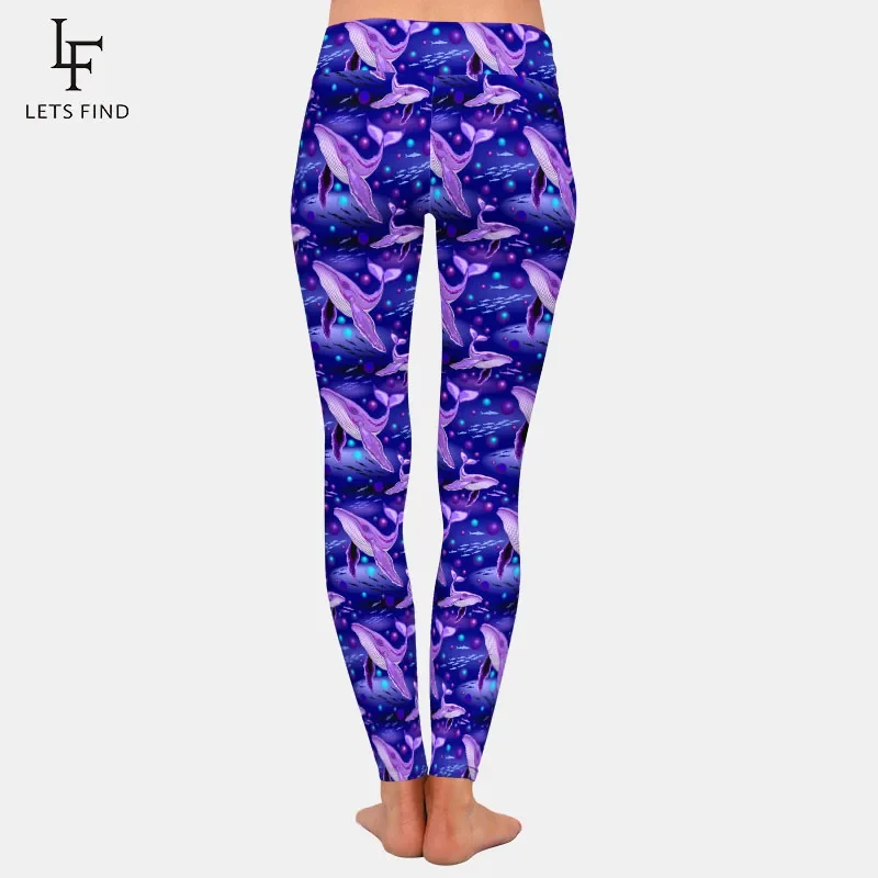 Letsfind venda quente 3d roxo baleias impressão digital mulheres leggings de cintura alta aptidão magro estiramento leggings completos