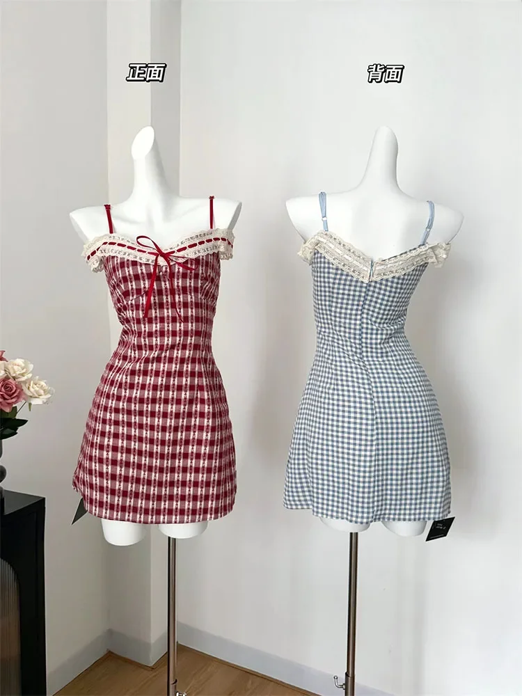 High Quality Plaid One-Piece Frocks Spring Summer Slash Neck Spaghetti Strap Dress Off Shoulder Sundress Sweet Elegant Fashion