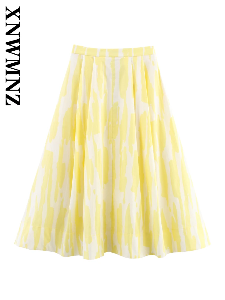 

XNWMNZ 2025 летний новый продукт, женская модная шикарная юбка с морщинами, праздничная женская плиссированная юбка с цветным принтом, повседневная миди