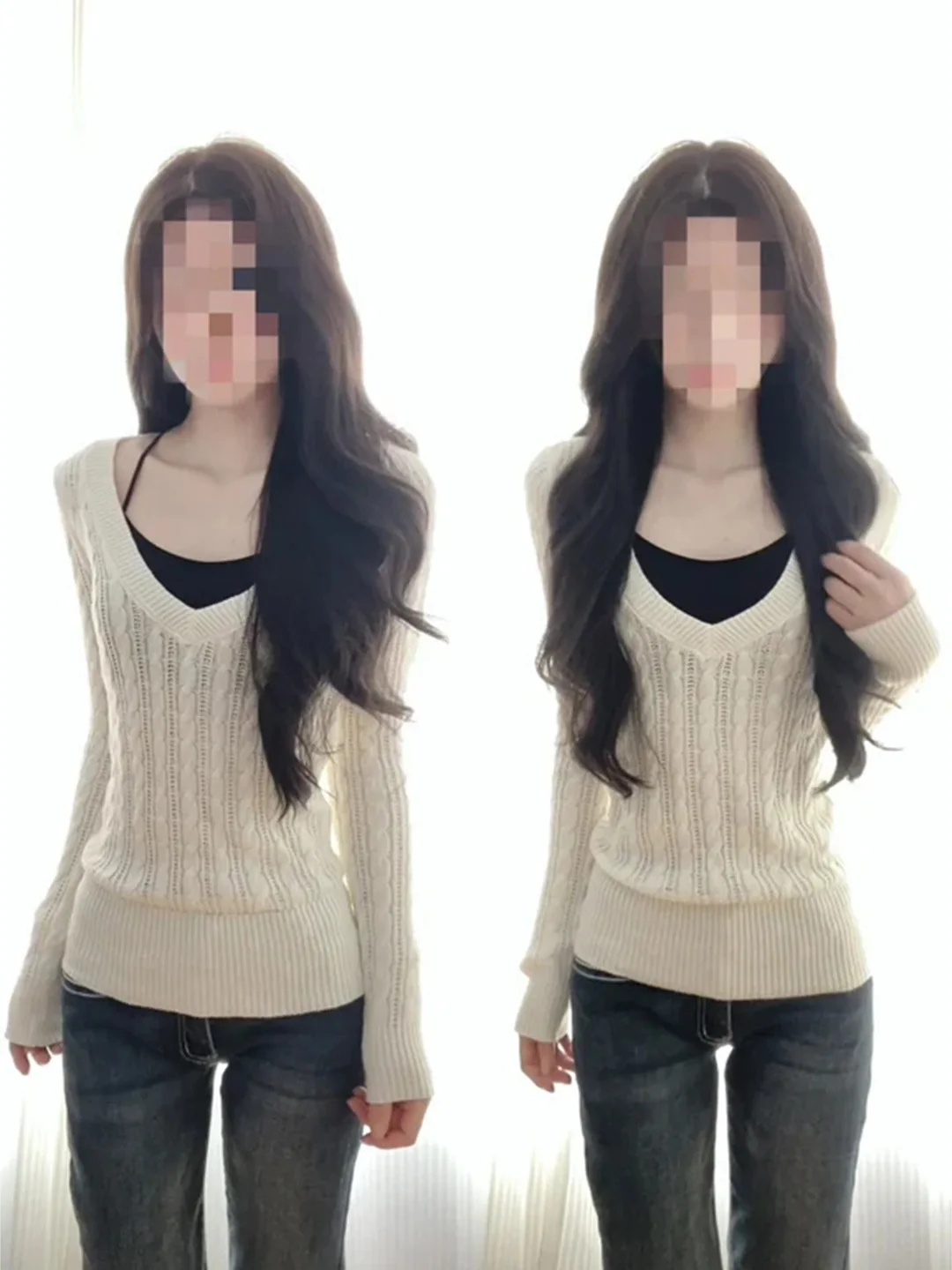American Style Hot Girl White V-Neck Twisted Knitwear Women's Autumn Winter Inner Wear Slimming Soft Long Sleeve Top