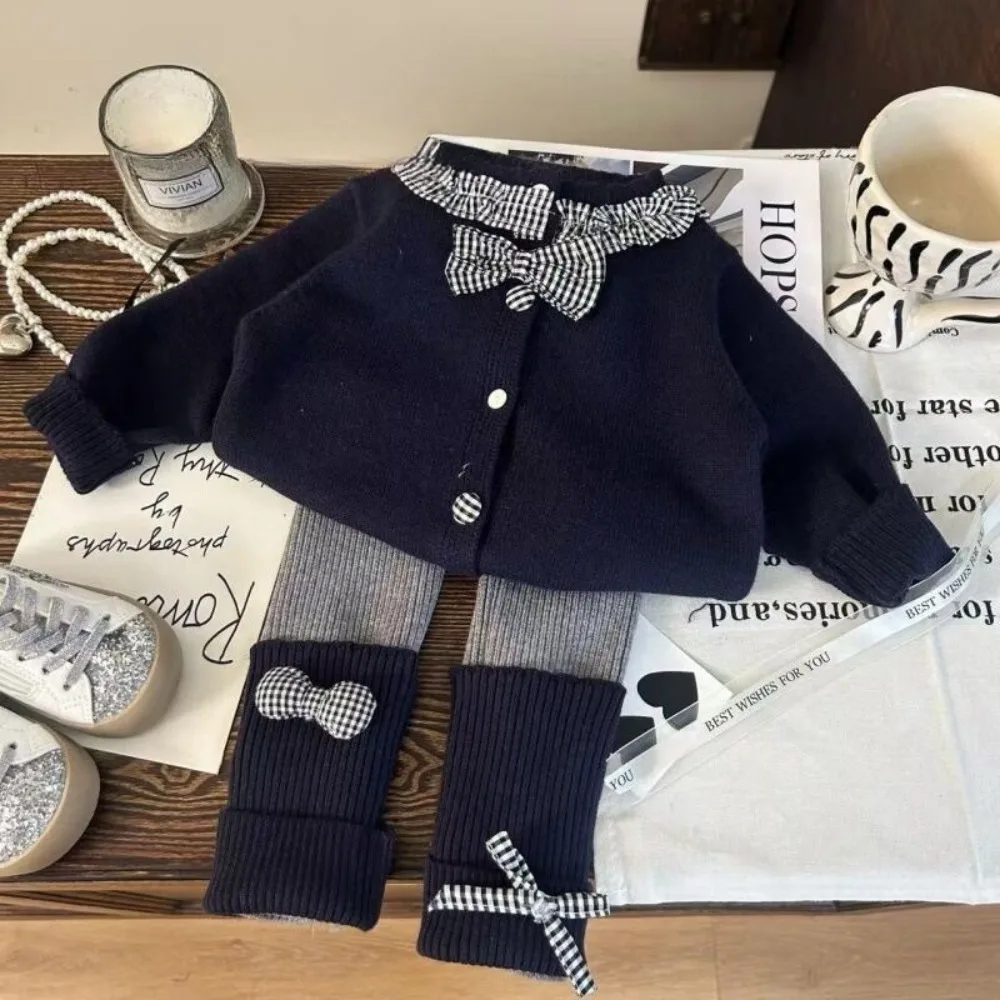 خريف جديد عصري الشارع نمط منقوشة الربط سترة بأكمام طويلة سترة + ربطة القوس فيونكة طماق قطعتين مجموعة للفتيات #2