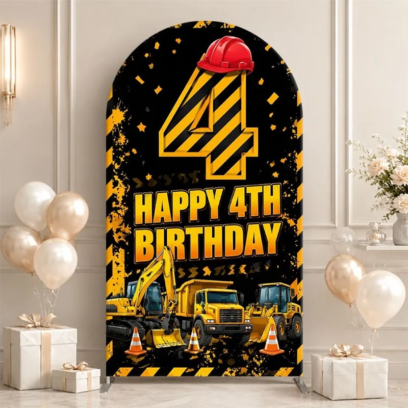 Single Side Arch Backdrop Cover Construction Theme 4th Birthday Background Banner with Yellow Black Stripes Red Helmet and Heavy