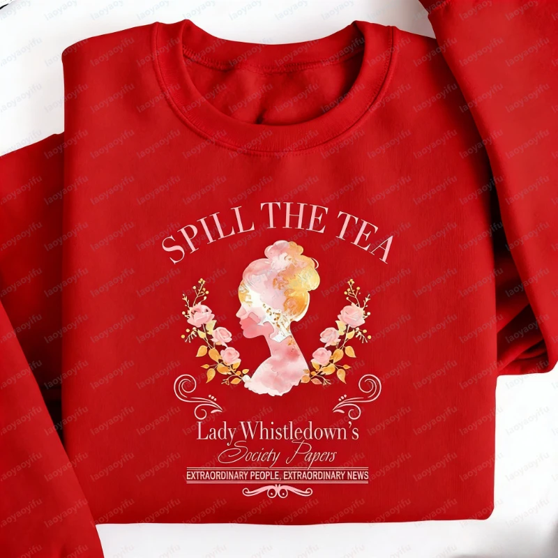 Spill The Tea Sweatshirt Lady Whistledown Langarm-Hoodie im Regency-Stil mit Vintage-Silhouette und floralem Gossip Society Papers-Motiv