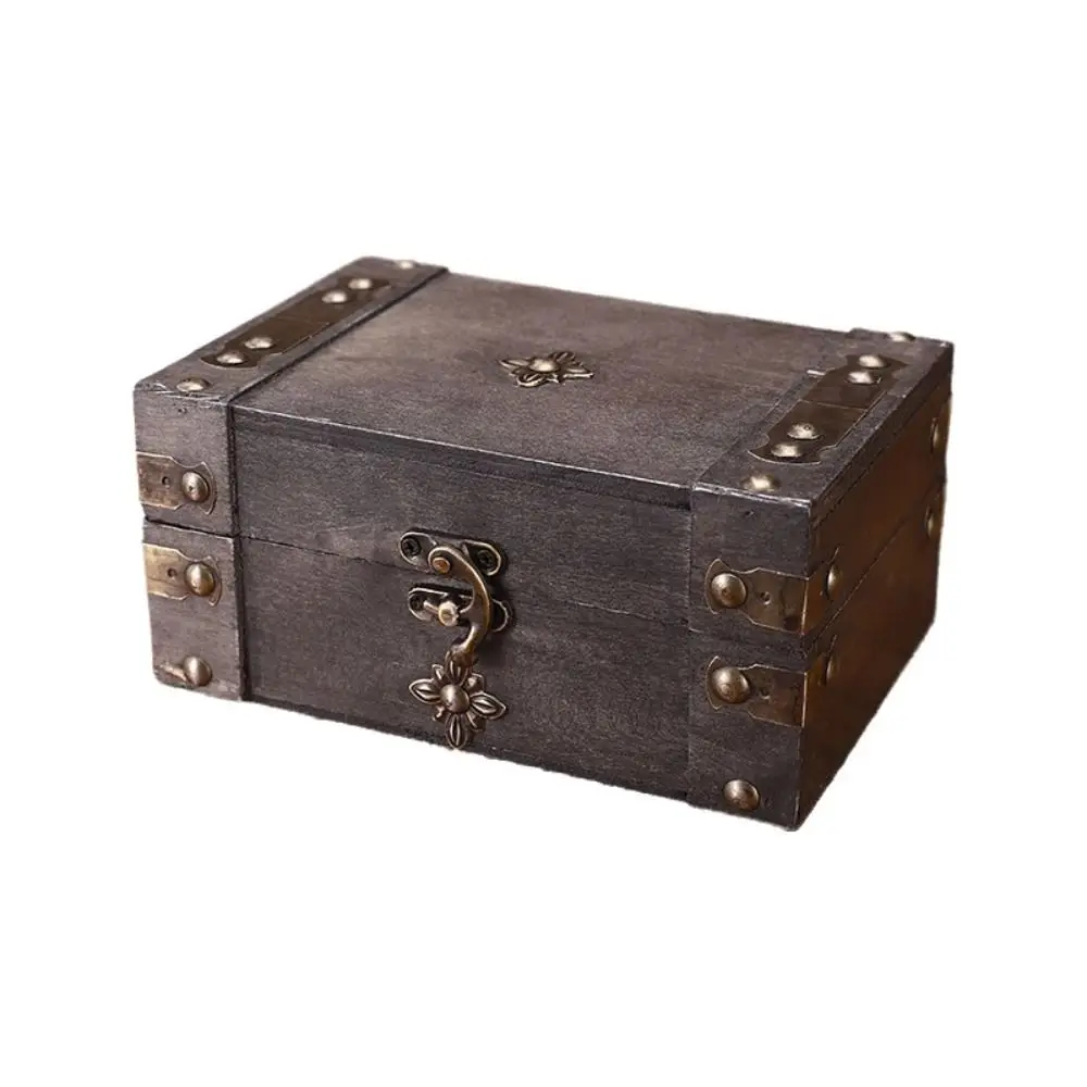 Vintage Multifunctional Treasure Chest Retro Style Antique Desktop Organizer Wooden Decorative Jewelry Storage Box with a Lock