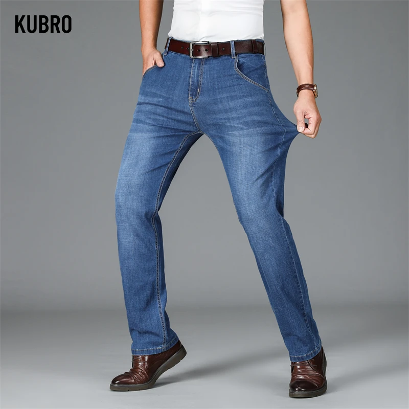 KUBRO Men Classic Jeans Jean Homme Pantalones Hombre Men Four Seasons Business Soft Black Biker Masculino Denim Pants Rozmiar 32-38