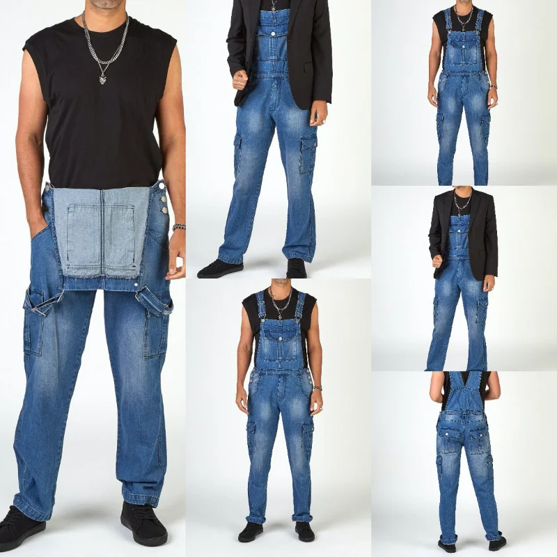 Fashion Men's Multi Pockets Trousers Denim Jeans Overalls Pants Worker Workwear Coveralls Washed Cargo Pants Jumpsuit S-3XL