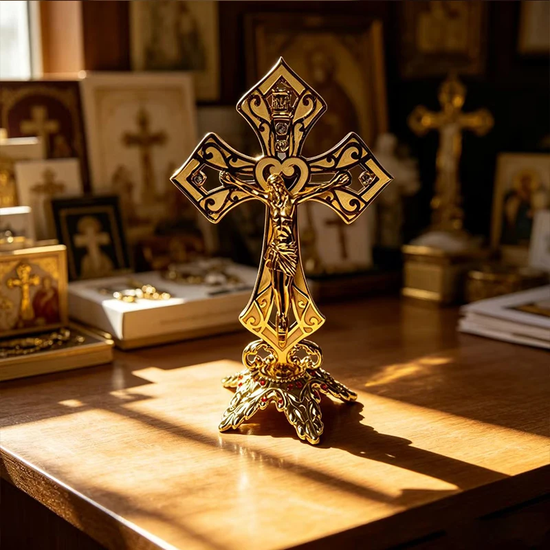 Neues handgefertigtes 19 cm großes, vergoldetes stehendes Kruzifix mit Lochmuster und Strasssteinen für die katholische Altar-Gebetsdekoration im Haus. – Detail 4